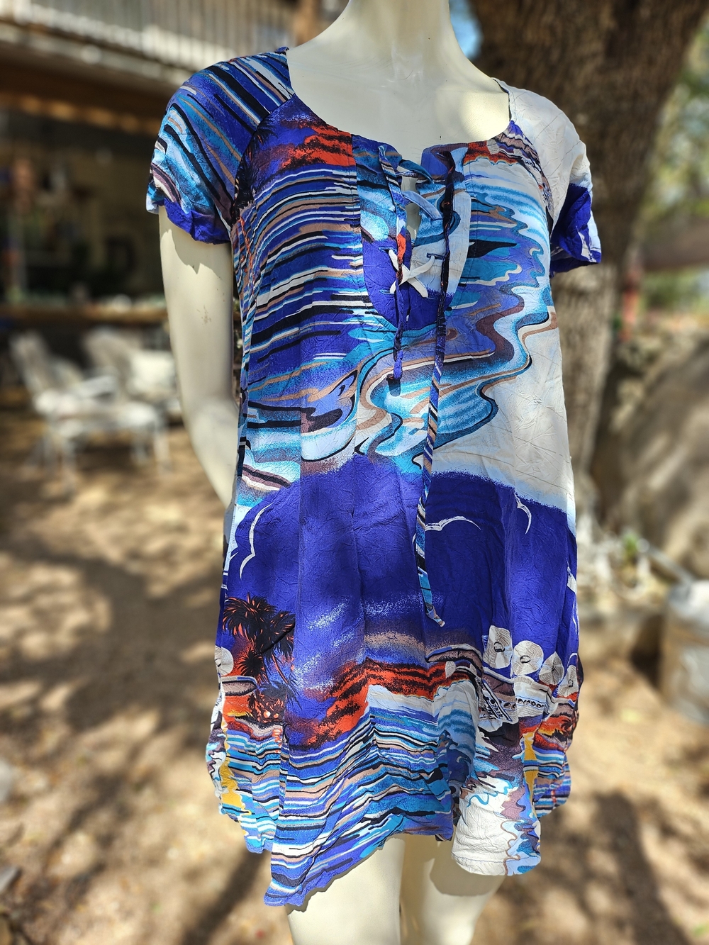 Vintage Jams World Women's Blue Multicolor Lace-Up Tunic Top M